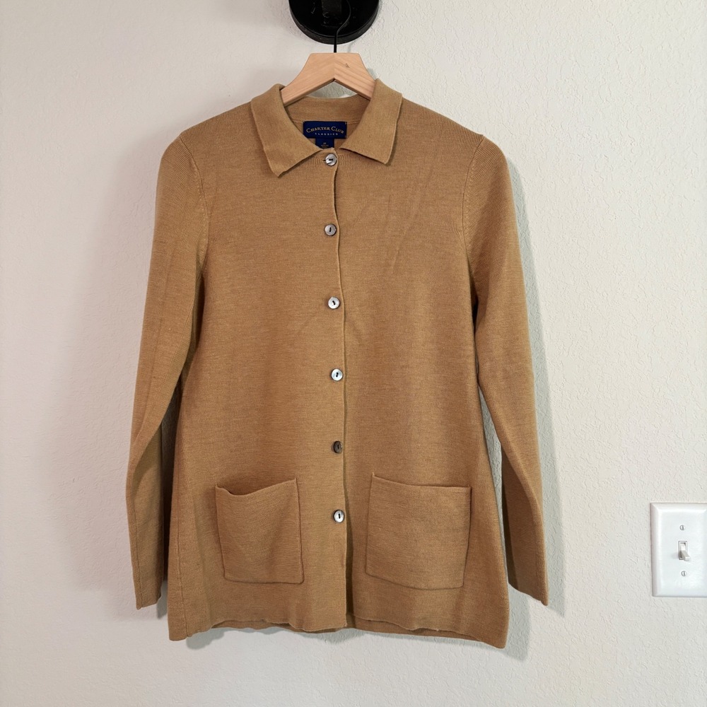 Charter Club Cardigan Classics M Merino Wool Camel Tan Preppy Professional